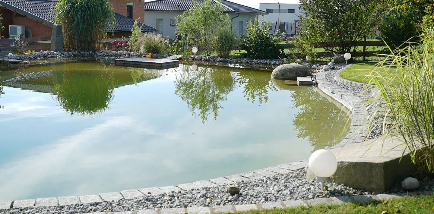 Schwimmteich mit umlaufender Einfassung aus Kleinsteinpflaster und Splittstreifen, dahinter Wohnhäuser und Rasen